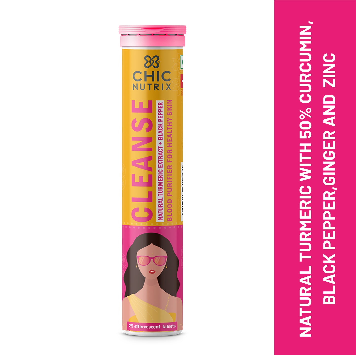 Chicnutrix Cleanse - 500mg Curcumin (Turmeric) + Piperine - Blood Purifier for Healthy Skin - 25 Effervescent Tablet - Mango Flavour