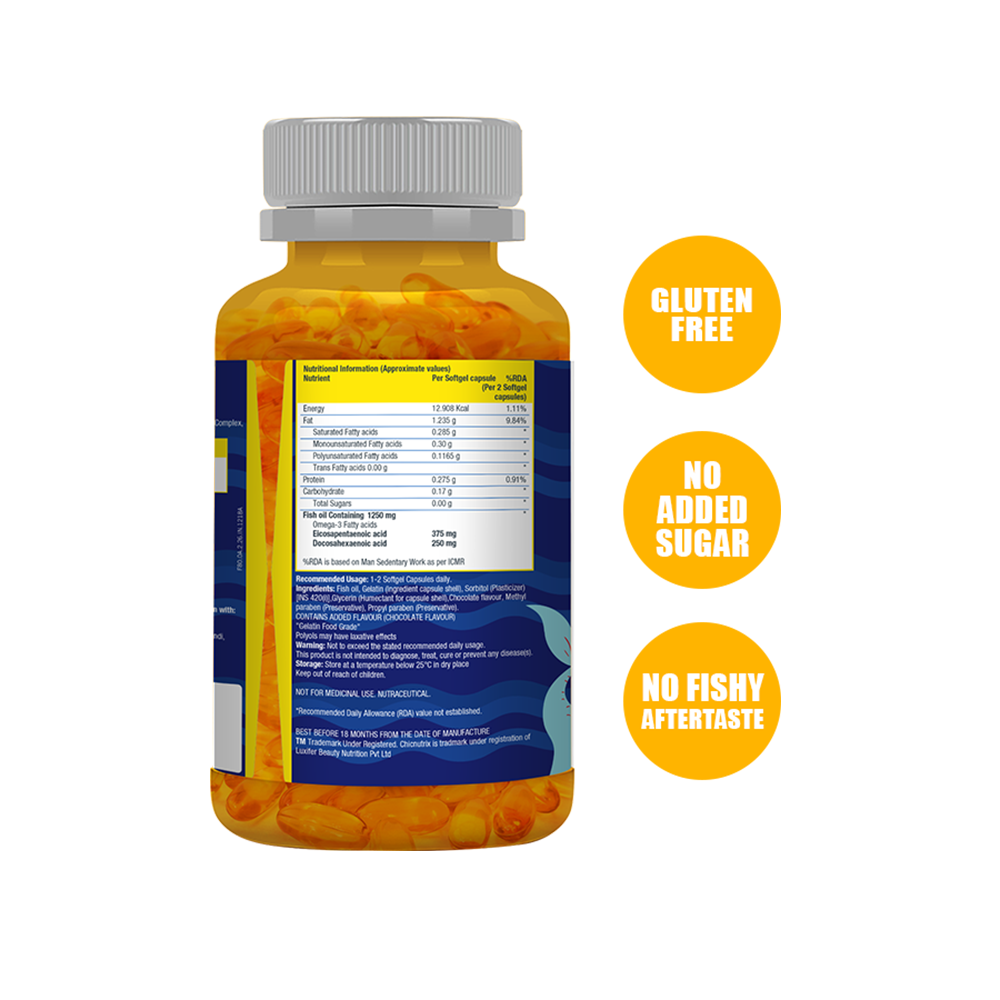 Chicnutrix Mighty Omega - 1250mg Omega 3 Fatty Acids, 3:2 EPA:DHA Fish Oil for Skin & Hair - 60 Softgel Capsules - Chocolate Flavour