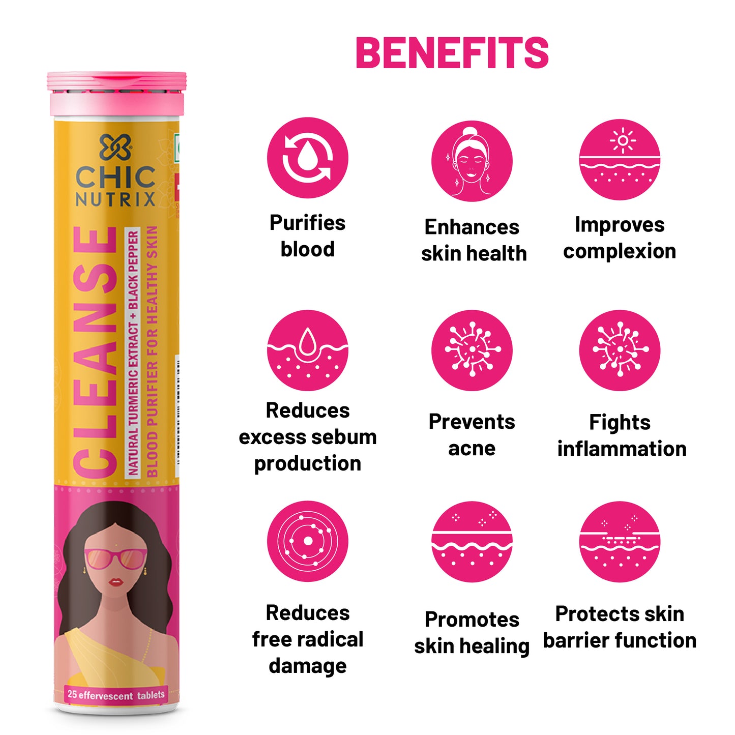 Chicnutrix Cleanse - 500mg Curcumin (Turmeric) + Piperine - Blood Purifier for Healthy Skin - 25 Effervescent Tablet - Mango Flavour