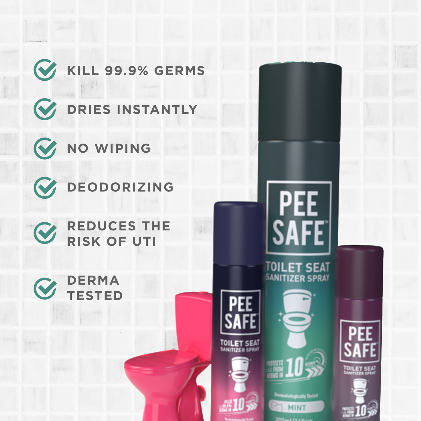 Pee Safe - Toilet Seat Sanitizer Spray 75 ML Mint (Pack of 3)
