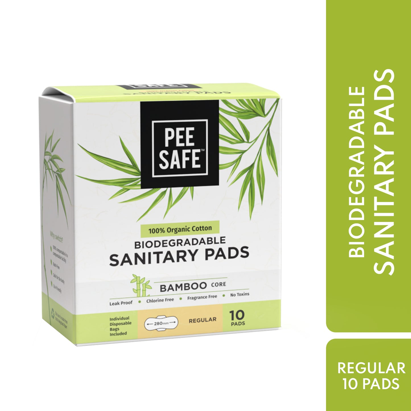 Pee Safe 100% Organic Cotton, Biodegradable Sanitary Pads - Regular (Pack of 10)
