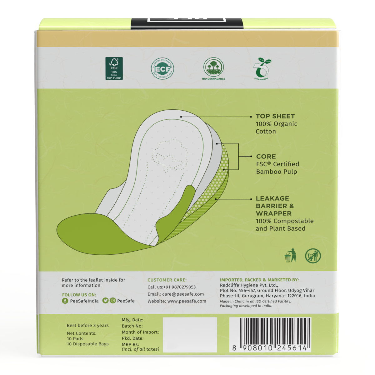 Pee Safe 100% Organic Cotton, Biodegradable Sanitary Pads - Regular (Pack of 10)