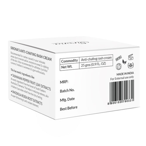 Sirona Natural Herbal Rash Cream - 25gm, Help In Soothing Rashes Due To Pads, Heavy Thighs, Chaffing Due To Sports Activities
