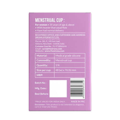 Sirona Reusable Menstrual Cup for Women - Large Size, Ultra Soft, Odour and Rash Free, No Leakage, Protection for Up to 10-12 Hours, FDA Approved