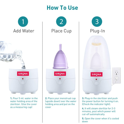 Sirona Menstrual Cup Sterilizer - 1 Unit, Clean your Period Cup Effortlessly - Kills 99% of Germs in 3 Minutes with Steam