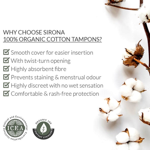 Sirona Regular Flow Non Applicator Organic Tampons - 18 Pcs, 100% Organic Cotton