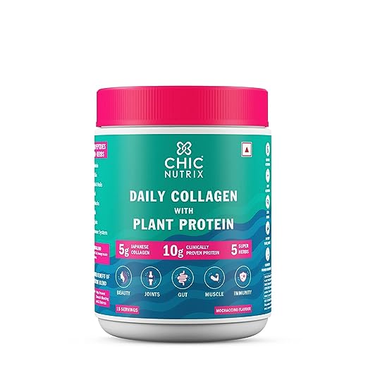Chicnutrix Daily Collagen Peptides with Plant Protein | Japanese Marine Collagen, Amla, Shatavari, Brahmi, Pomegranate & Tulsi | Chocolate Mocha Flavour, 15 Servings