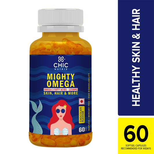 Chicnutrix Mighty Omega - 1250mg Omega 3 Fatty Acids, 3:2 EPA:DHA Fish Oil for Skin & Hair - 60 Softgel Capsules - Chocolate Flavour