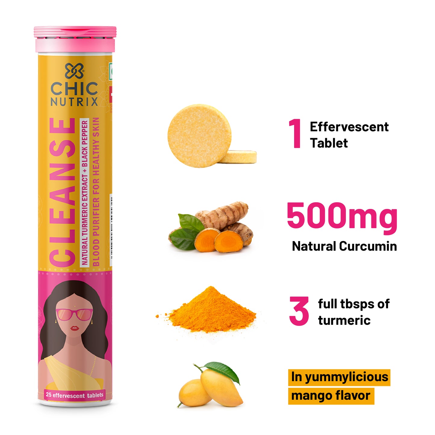 Chicnutrix Cleanse - 500mg Curcumin (Turmeric) + Piperine - Blood Purifier for Healthy Skin - 25 Effervescent Tablet - Mango Flavour