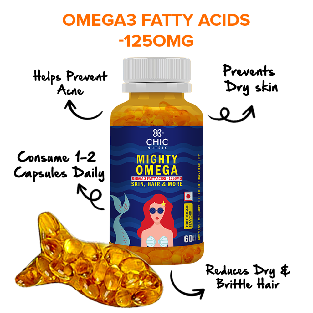 Chicnutrix Mighty Omega - 1250mg Omega 3 Fatty Acids, 3:2 EPA:DHA Fish Oil for Skin & Hair - 60 Softgel Capsules - Chocolate Flavour