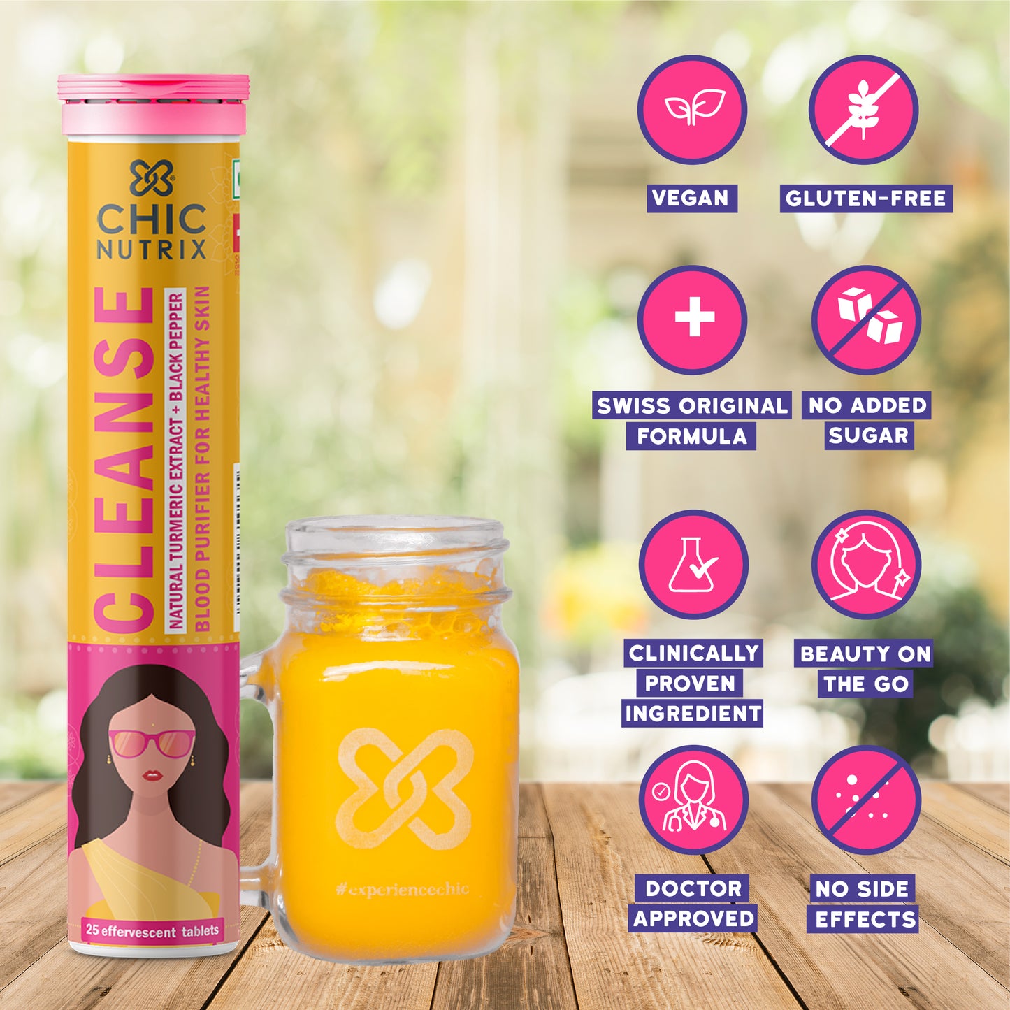 Chicnutrix Cleanse - 500mg Curcumin (Turmeric) + Piperine - Blood Purifier for Healthy Skin - 25 Effervescent Tablet - Mango Flavour