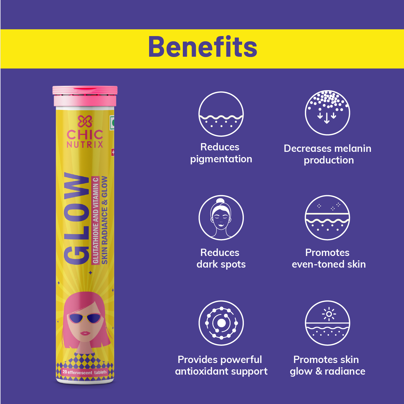 Chicnutrix Glow - Japanese Glutathione & Vitamin C for Skin Radiance & Glow - 20 Effervescent Tablets - Strawberry Lemon Flavour