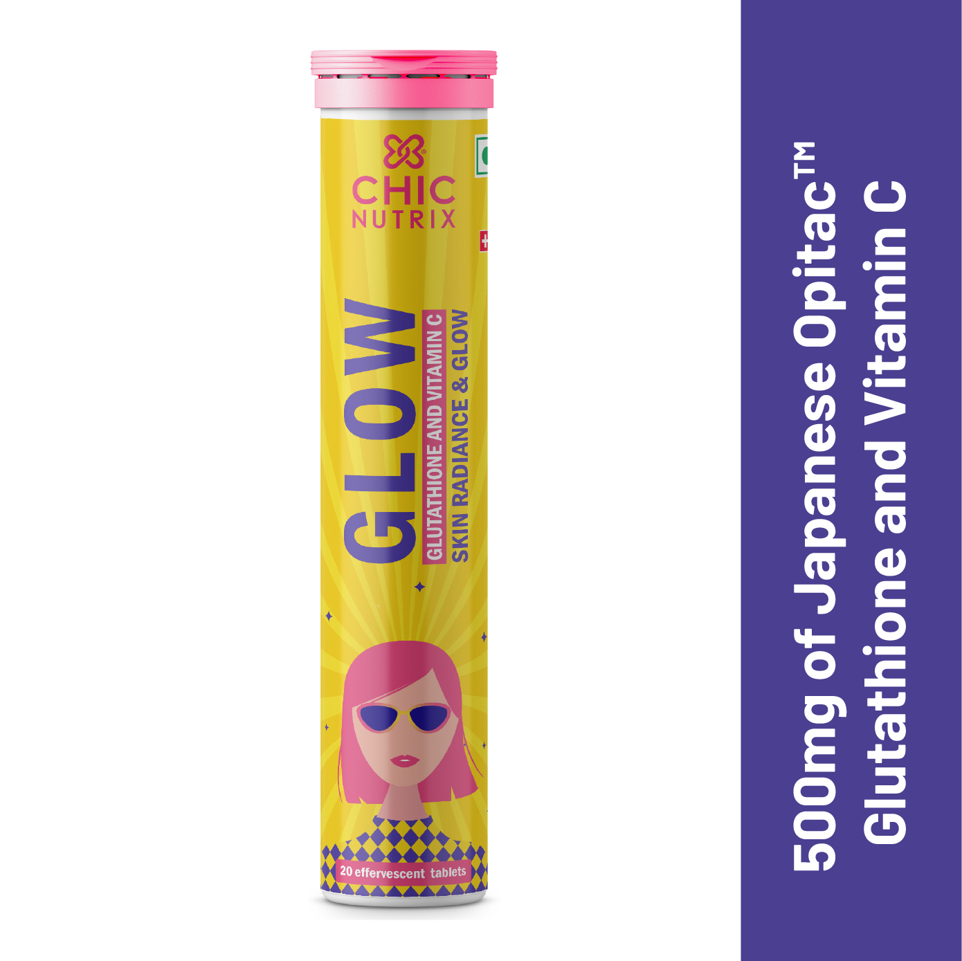 Chicnutrix Glow - Japanese Glutathione & Vitamin C for Skin Radiance & Glow - 20 Effervescent Tablets - Strawberry Lemon Flavour