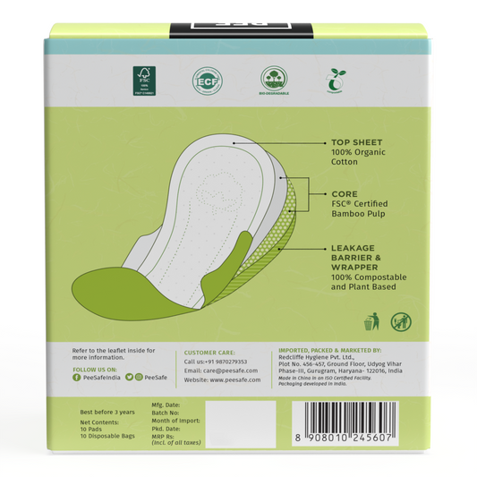 Pee Safe 100% Organic Cotton, Biodegradable Sanitary Pads - Overnight (Pack of 10)