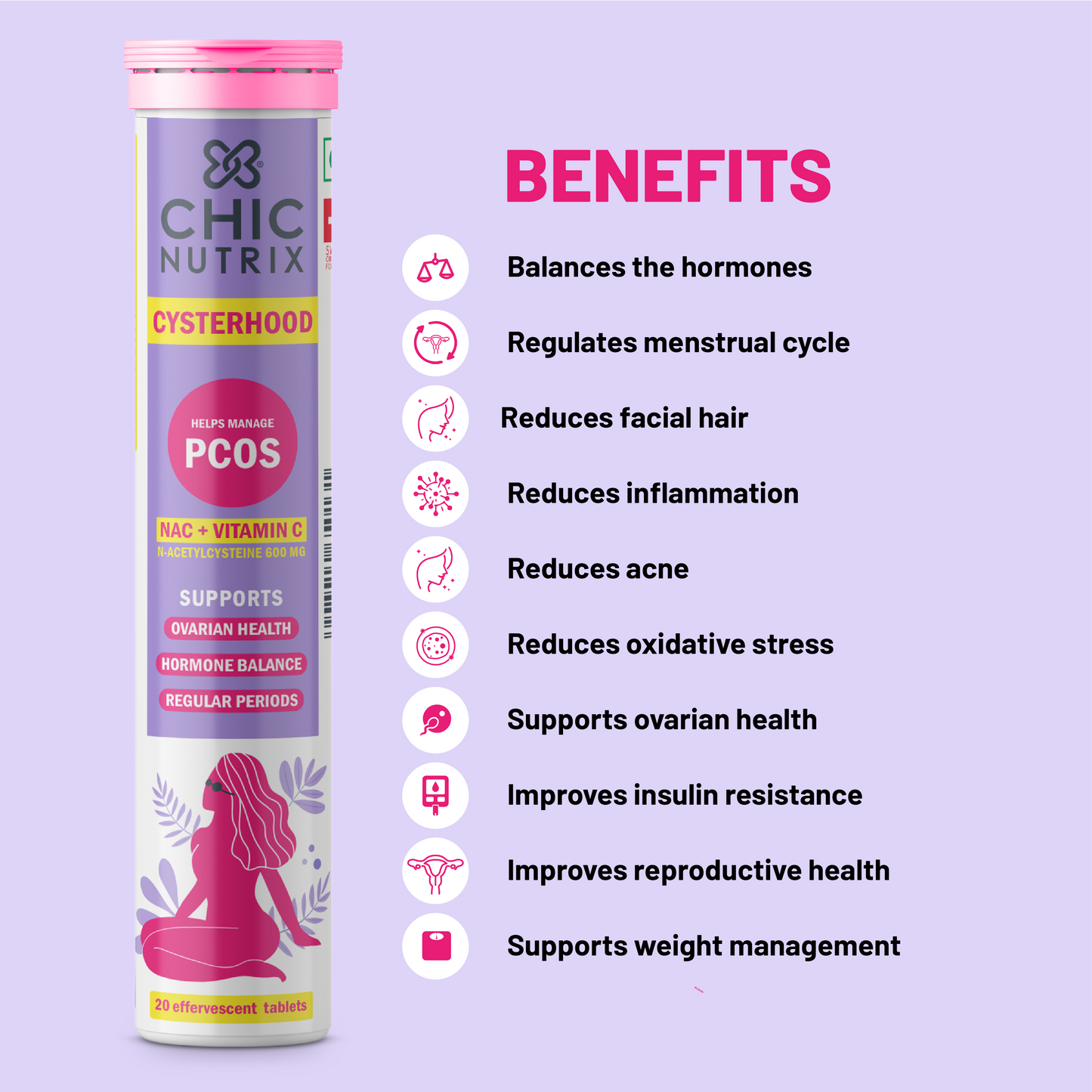 Chicnutrix Cysterhood - PCOS Management - 600mg N-Acetylcysteine (NAC) Vitamin C - 60 Effervescent Tablets - Strawberry Flavour