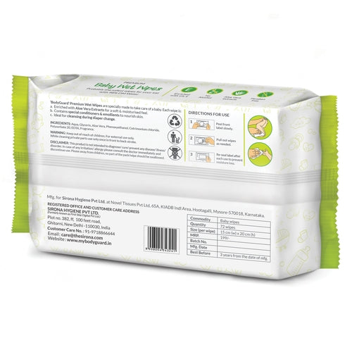 BodyGuard Premium Baby Wet Wipes with Aloe Vera - 216 Wipes (3 Pack - 72 Each)