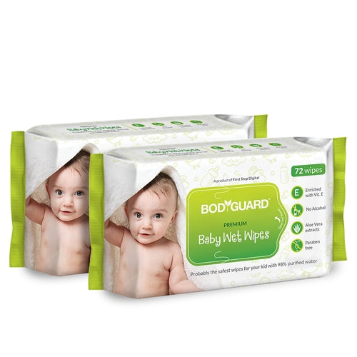 BodyGuard Premium Baby Wet Wipes with Aloe Vera - 144 Wipes (2 Pack - 72 Each)
