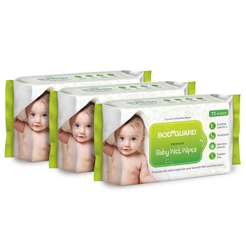 BodyGuard Premium Baby Wet Wipes with Aloe Vera - 216 Wipes (3 Pack - 72 Each)