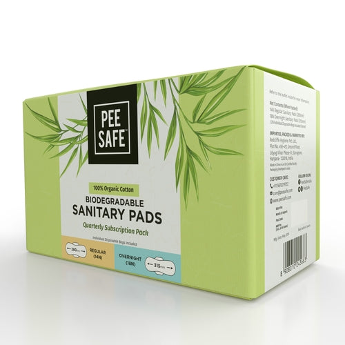 Pee Safe Sanitary Pads Subscription Box- Quarterly - 32 Pads (14 Regular Pads & 18 Overnight Pads)