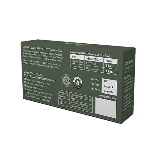 Sirona Regular Flow Non Applicator Organic Tampons - 18 Pcs, 100% Organic Cotton